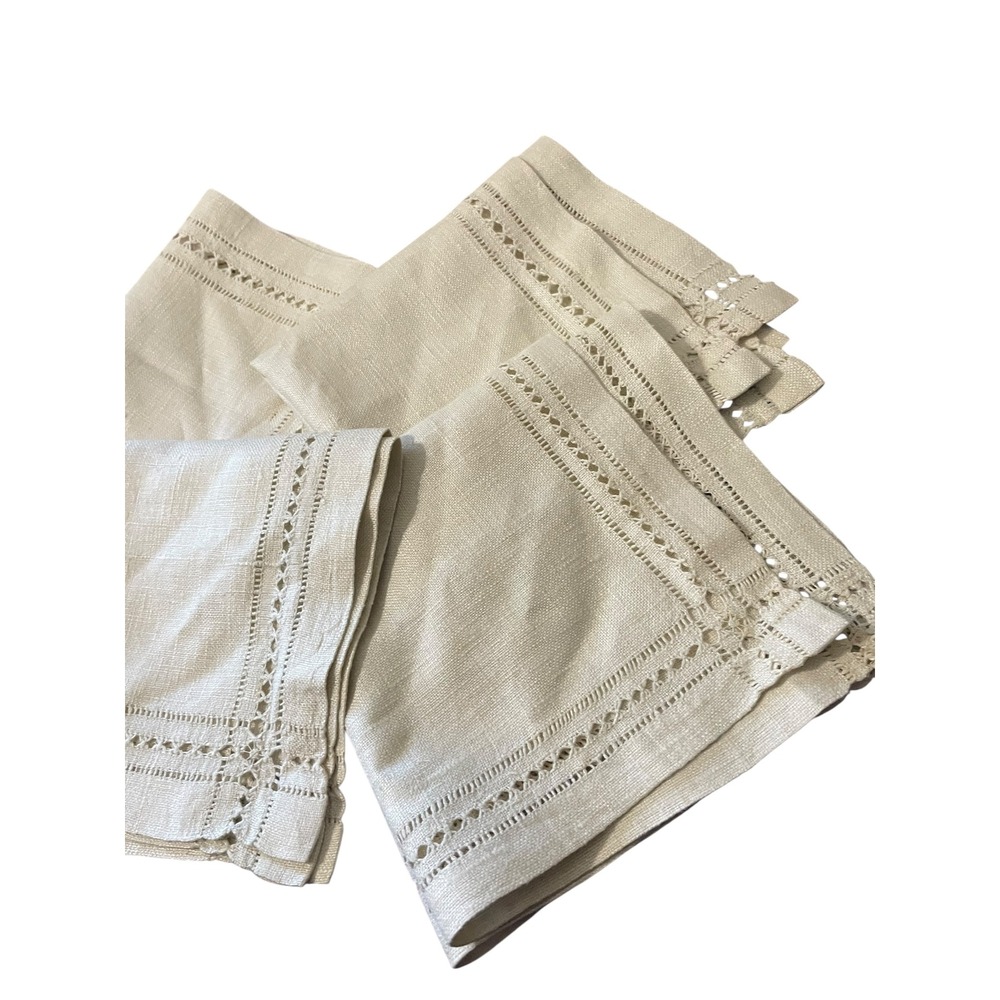 Linen‎ Napkins Set of 4, Beige Cotton Napkins, Decorative Hemstitch Napkins